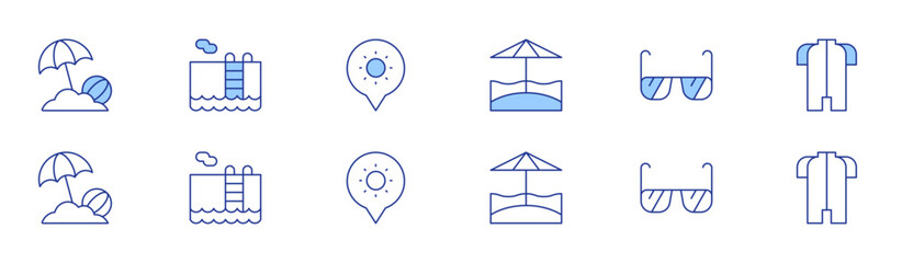 Vacation icon set in two styles, Duotone and Thin Line style. Editable stroke. beach umbrella, beach, swimming pool, sunglasses, holidays, wetsuit