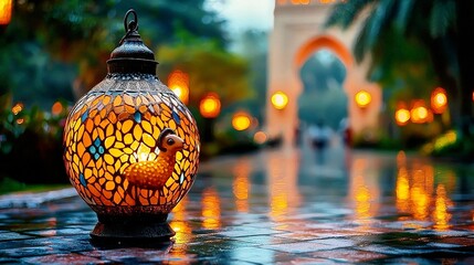 Glowing Mosaic Ramadan Lantern with Sheep Motif on Wet Tiles. 