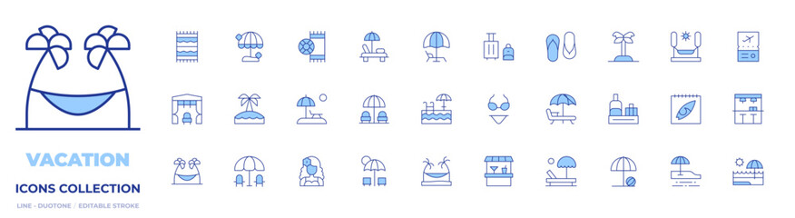 Vacation icons collection. Line Duotone style, editable stroke. canopy, beach umbrella, beach, sunbed, sun umbrella, bikini, island, calendar, beach bar, towel