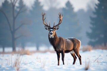 Snow-covered mule deer buck proudly displays its majestic antlers against a serene winter landscape, mule deer, forest