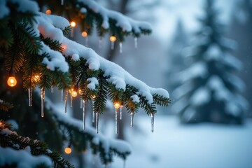 Snow-covered pine tree with fairy lights and icicles hanging from its branches, snow covered trees, winter magic