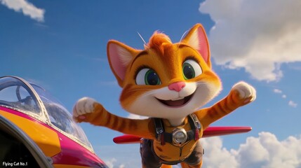 A cheerful orange tabby cat, wearing a harness, joyfully soars through the air, near a small airplane against a vibrant blue sky