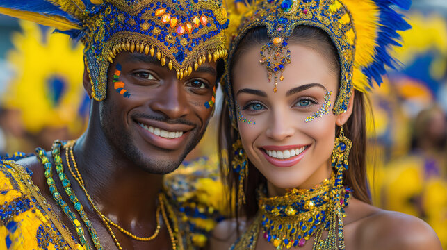Vibrant Carnival Portrait of Brazilian Man and Woman with Accessories