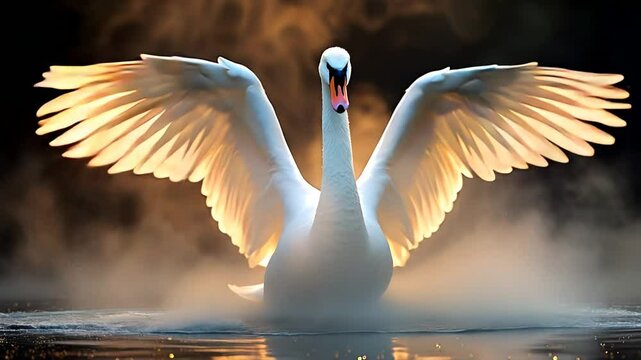 A majestic white swan gracefully flapping its wings creating ripples in the water with dramatic smoke in the backdrop