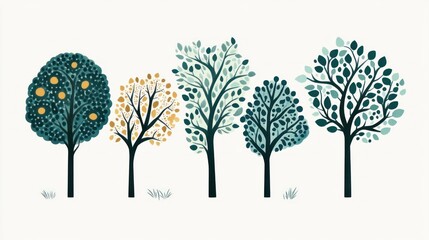 Stylized illustration of five diverse trees, varying in leaf color and shape, set against a white background