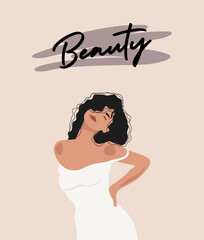 Illustration of a pretty girl on a light pink background.