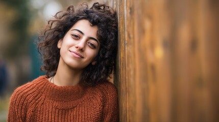 Fototapeta premium Serene middle eastern woman smiling peacefully in autumn clothing