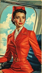 Vintage Flight Attendant in Red Uniform – Classic Airline Poster