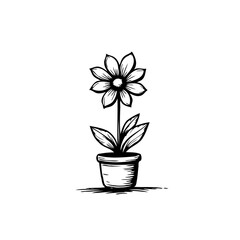 A monochrome rendering of a potted flower with simplistic strokes and shadows