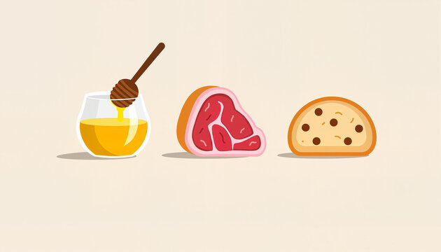 Minimal Food Icon Set with Honey Dipper, Grapefruit Slice and Cookie on Cream Background