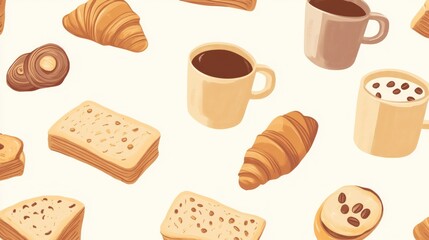 A delightful pattern of pastries, coffee, and biscuits