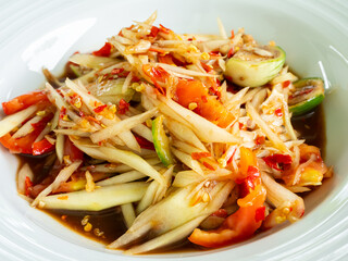 Papaya salad with fermented fish, spicy food asian thailand, fusion cuisine som tum traditional  herb cook.