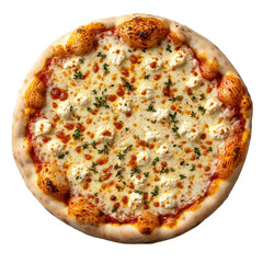 Overhead view of white pizza topped with ricotta, mozzarella, roasted garlic, and herbs, no tomato sauce, soft and golden, on transparent background