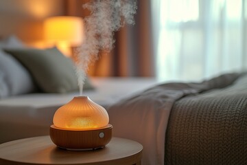 A picture of a bedroom with a humidifier. Generative AI
