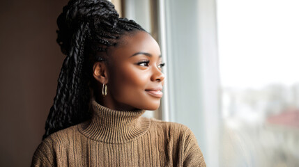 Pensive young woman gazing through window in cozy sweater