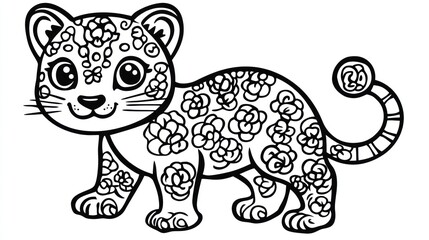 Fototapeta premium Adorable floral patterned jaguar cub illustration, ready for coloring