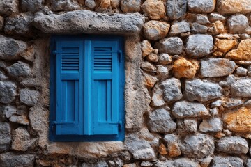 Exterior stone wall with a vibrant blue window.