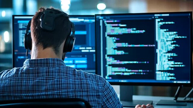 A focused individual in headphones coding on dual monitors in a modern office environment