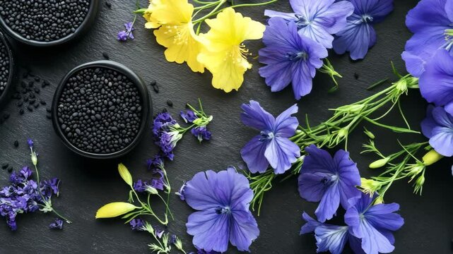 A black bowl of black beans sits on a table next to a bowl of yellow flowers. The black beans are surrounded by a variety of flowers, including purple and yellow ones. Concept of abundance and variety