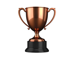 Photorealistic bronze trophies with warm metallic tones and sculpted designs, created in 3D with realistic surfaces and non-reflective finishes, placed on transparent PNG background