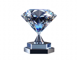 Luxurious 3D diamond material trophies with elegant sculpted designs, made entirely from transparent crystal, placed on transparent background, ideal for premium awards, championships and prizes