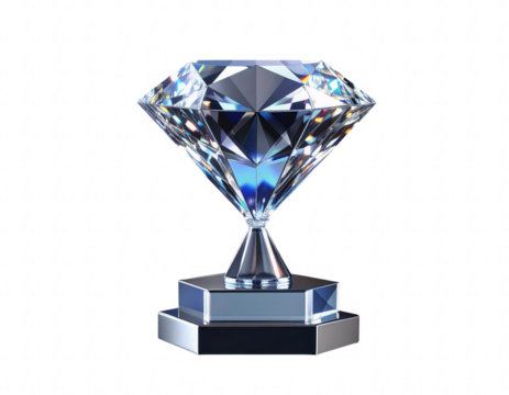 Luxurious 3D diamond material trophies with elegant sculpted designs, made entirely from transparent crystal, placed on transparent background, ideal for premium awards, championships and prizes - Powered by Adobe