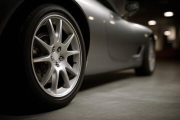 closeup of sports car wheel highlighting intricate details and textures with soft lighting enhancing metallic