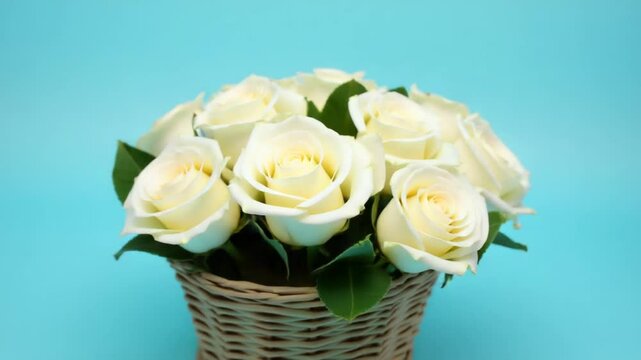 beautiful white roses in a basket on a blue background