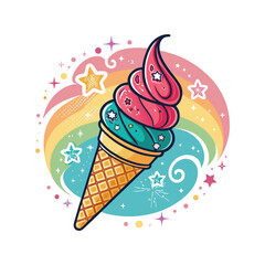 Cherry ice cream design. Fresh ice cream graphic print design for t shirt, apparel, posters, background and others. Retro ice cream hand drawn vector art, Enjoy summer with sweet ice cream.