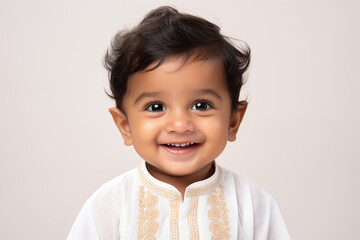 Smiling Indian Baby on White Background – Happy Infant Portrait, Isolated Cute Newborn with Traditional Features, Studio Shot for Family, Parenting, Culture or Healthcare Concepts