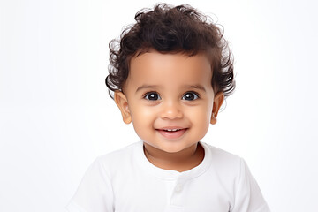 Smiling Indian Baby on White Background – Happy Infant Portrait, Isolated Cute Newborn with Traditional Features, Studio Shot for Family, Parenting, Culture or Healthcare Concepts