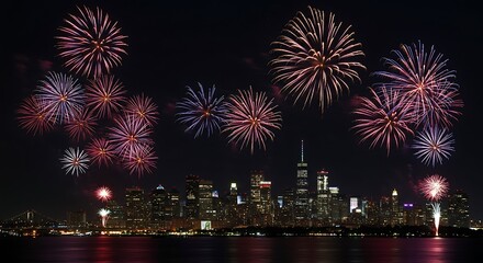 Fototapeta premium Vibrant fireworks illuminate the night sky over a city skyline, reflecting on the water below, creating a dazzling display of light