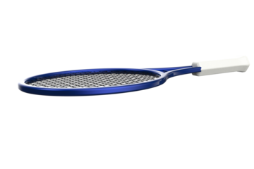 High-Resolution Blue Tennis Racket PNG: Standard sports gear and equipment for pro athletes, amateurs and recreation. Clean studio shot, isolated on transparent background, ideal for design, graphic