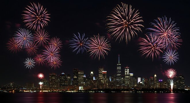 Vibrant fireworks illuminate the night sky over a city skyline, reflecting on the water below, creating a dazzling display of light