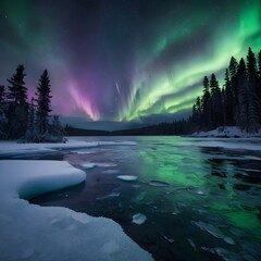 An ultra-realistic night landscape of a frozen lake under glowing green and purple auroras. Visible cracks and textures in the ice catch soft ambient light from the sky above. 