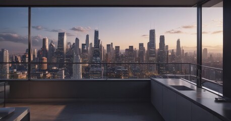 Obraz premium Sleek city skyline view from modern high-rise condo , kitchen, day