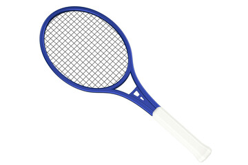 Essential Sport and Fitness Gear: Modern Blue White Tennis Racket Isolated PNG Transparent Background. High Resolution HD Graphic Element for Game Play, Training, Activity, Workout, Design Asset.