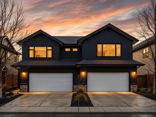 Modern Home Exterior with Warm Garage Lights