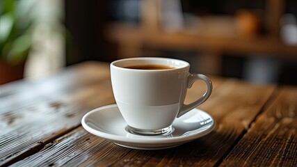 Obraz premium Simple Coffee Cup on Wooden Table, Morning Light
