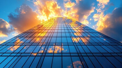 Modern Skyscraper Reflecting Sunset Sky