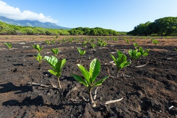 Field of young plants growing in fertile soil under a clear blue sky agricultural landscape