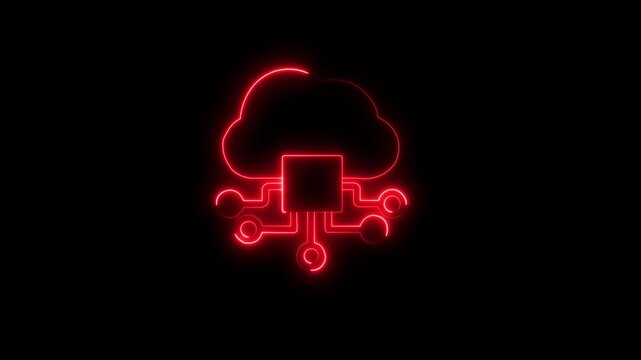 Glowing neon cloud computing icon isolated on black background. Electronic system icon animation by red color neon cloud in sky