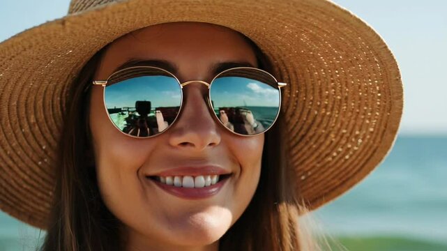 Happy Young Woman Smiling at Beach on a Sunny Summer Day