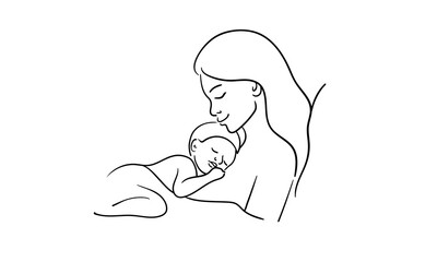 Woman hugs her newborn sleeping baby, continious line drawing. Mother`s day outline. Vector illustration