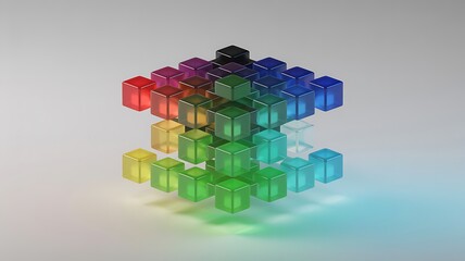 Obraz premium Abstract 3D Rendering of Colorful Glass Cubes in a Complex Structure