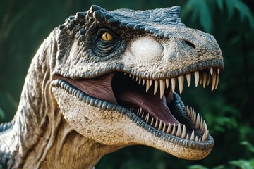 Obraz premium Closeup of a dinosaur's face reveals sharp teeth and intense eyes