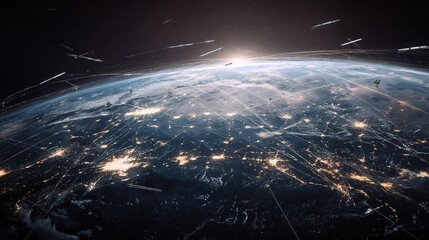 Many Satellites Flying over Earth as Seen from the Space, They Connect and Cover Planet with Digitalization Network of Information. Global Data Grid Connecting Whole World. 3D VFX Rendering