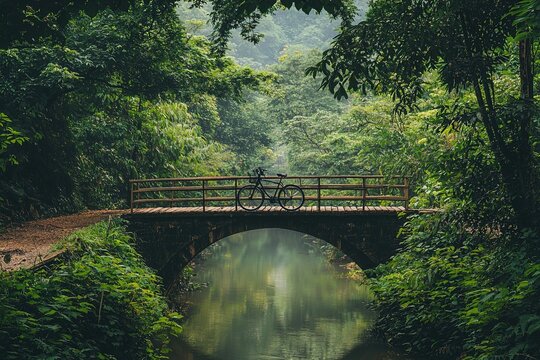 classic bicycle resting on old rustic bridge amidst dense greenery and reflecting water. soft daylight creates serene and soothing atmosphere, capturing quiet beauty of nature. - Powered by Adobe
