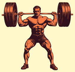 The strongman lifts the barbell. Editable hand drawn illustration. Vector vintage engraving. 8 EPS
