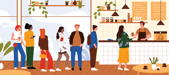 Long queue of people waiting for coffee from barista in coffee shop interior. Diverse group of characters standing in row, man behind counter serving hot drink for customers vector illustration